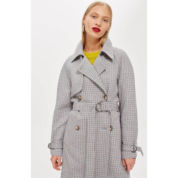 🆕TOPSHOP Angie Double Breasted Trench Coat Houndstooth Plaid Blue Gray - Picture 6 of 12